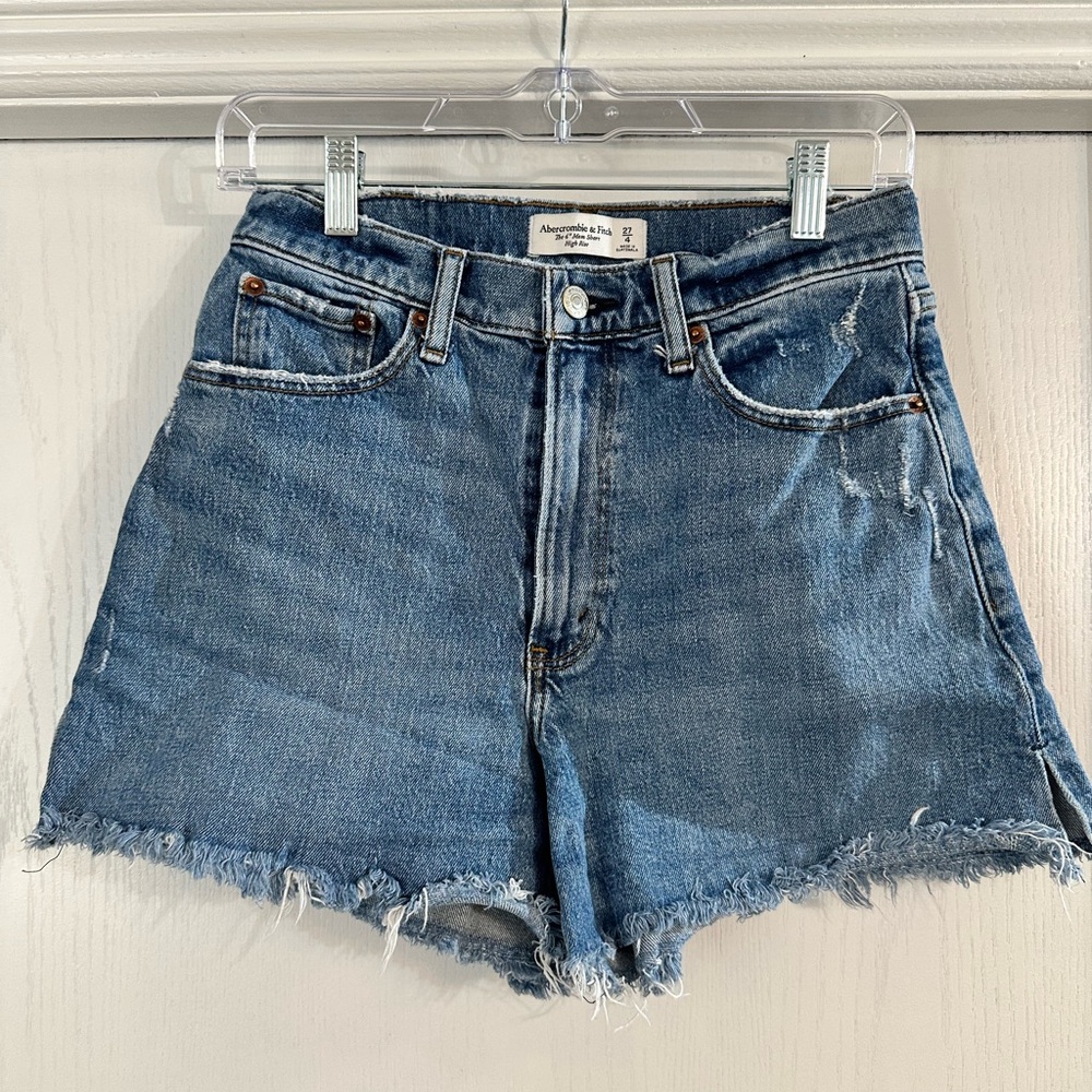 Abercrombie & Fitch Medium Blue Denim High-Rise Frayed Hem Shorts